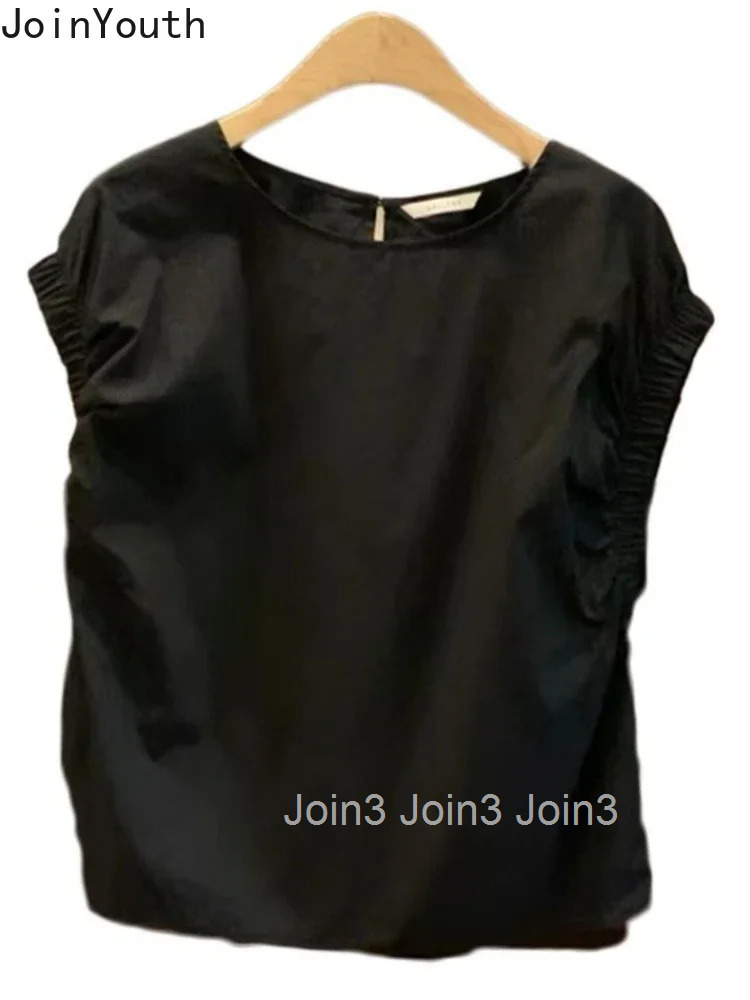 Black Womens Shirt Slim Waist O-neck Sleeveless Blouses Camisas De Mujer Summer Temperament Tops Vintage Folds Korean Blouse