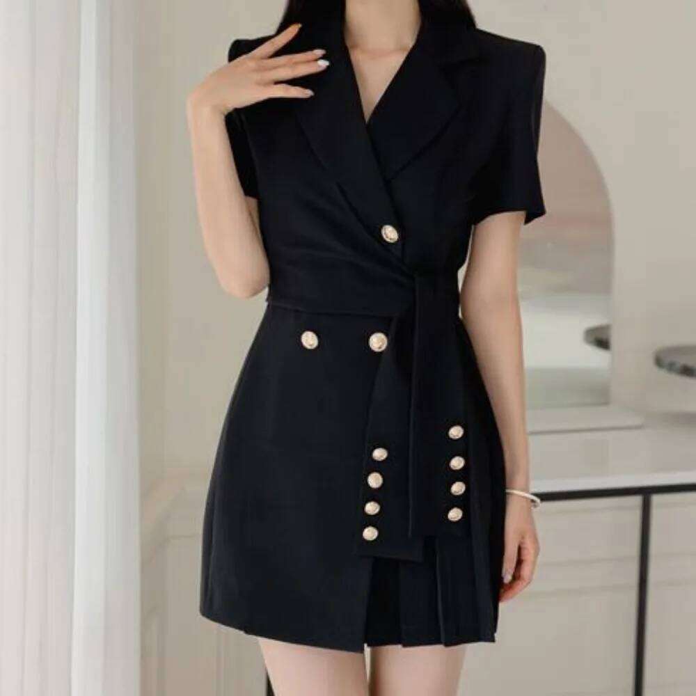 Sexy Turn-Down Collar Short Sleeve Lace-Up Sweet Dress Chic Elegant Vestidos Vintage Summer Women Korean Fashion A-Line Dresses