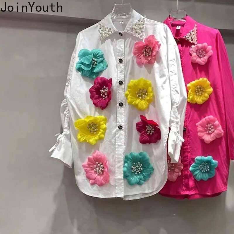 Sweet 3D Floral Blouses 2025 Women Clothing Camisas De Mujer Long Sleeve Chic Beading Shirts Loose Temperament White Blouse Tops