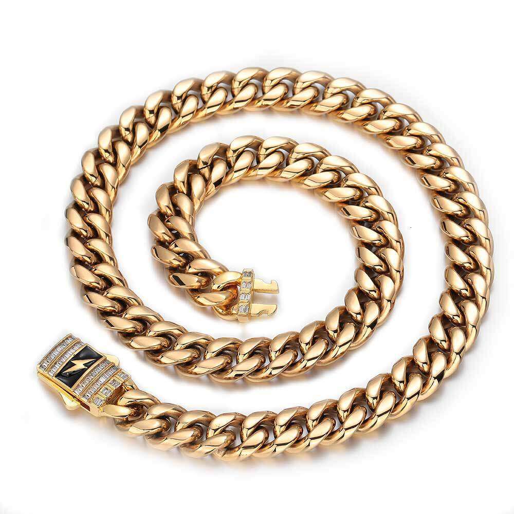 New Lighing Zircon Spring Clasp Stainless Cuban Hip Hop Titanium Steel Jewelry Men's Necklace 00ec
