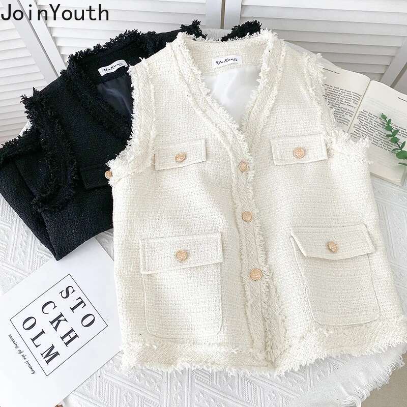 Fashion Vest for Women V-neck Sleeveless Tweed Single-breasted Tassel Waistcoat Topa Mujer Korean Temperament Coat Tops Femme