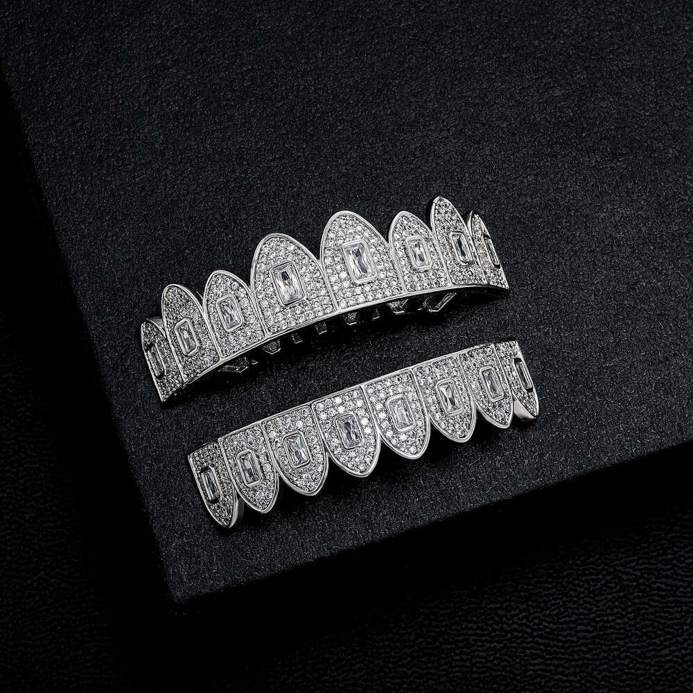 High-Quality Full Hip-Hop Set Real Plated Large Square Zircon Personality Gold Teeth Rap Accessories