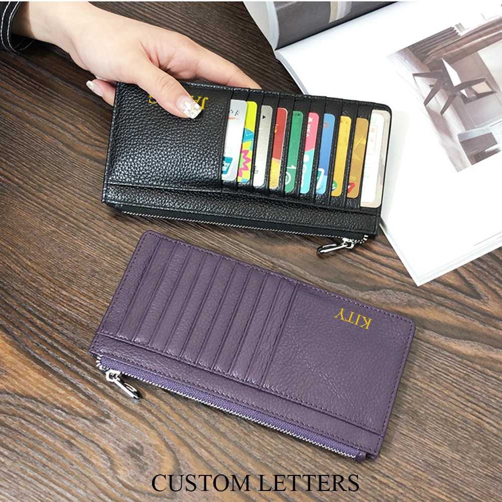 Large Capacity Long Zipper Card Holder Custom Letters Genuine Leather Men Wallet Business Women Phone Clutch Purse Z250621