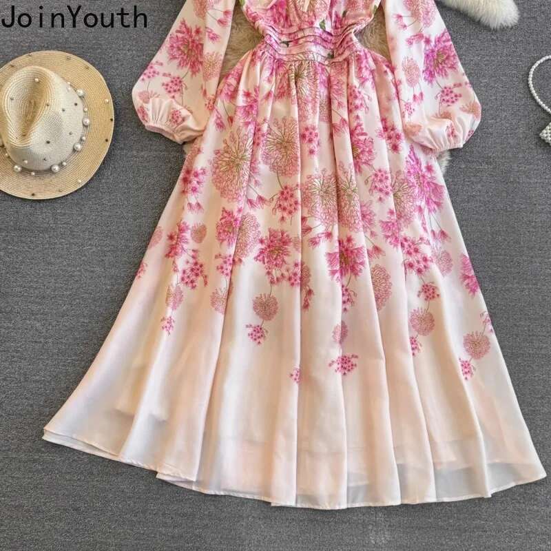 Elegant Women Dresses Slim Waist Long Sleeve O-neck Vintage Robe Femme 2025 Vestidos De Mujer A-line Big Swing Floral Maxi Dress