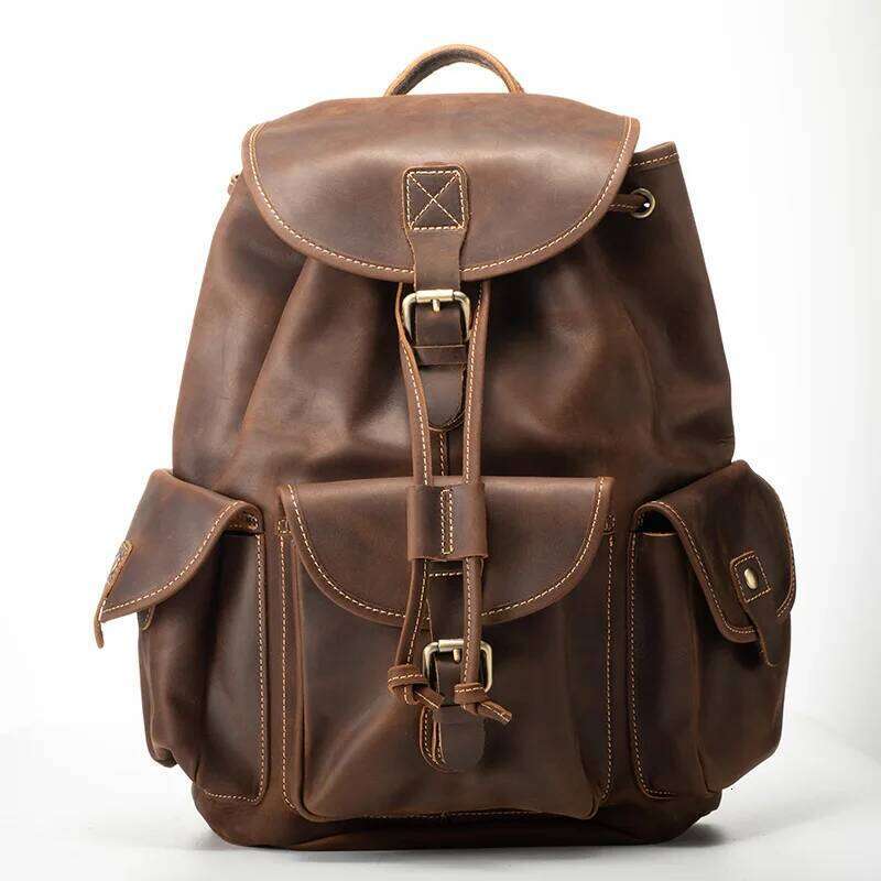 Men's Vintage Crazy Horse Backpack - Premium Top Grain Genuine Leather Casual Shoulder Bag, Large Capacity Retro Rucksac