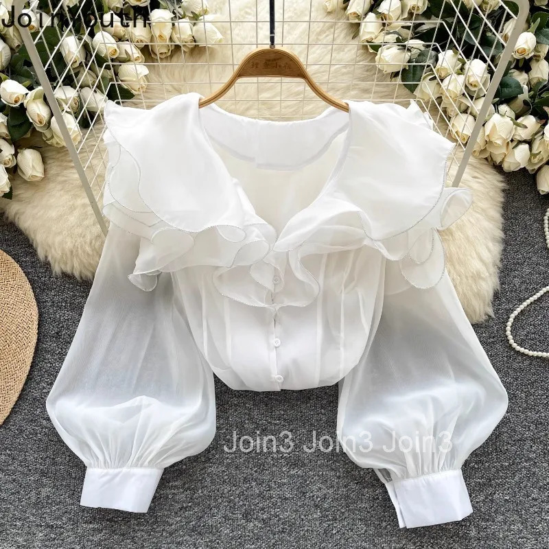 2025 Camisas De Mujer Women Shirts Loose Temperament Tops Ruffles Long Sleeve Blouses Lantern Sleeve Loose Vintage Summer Blouse
