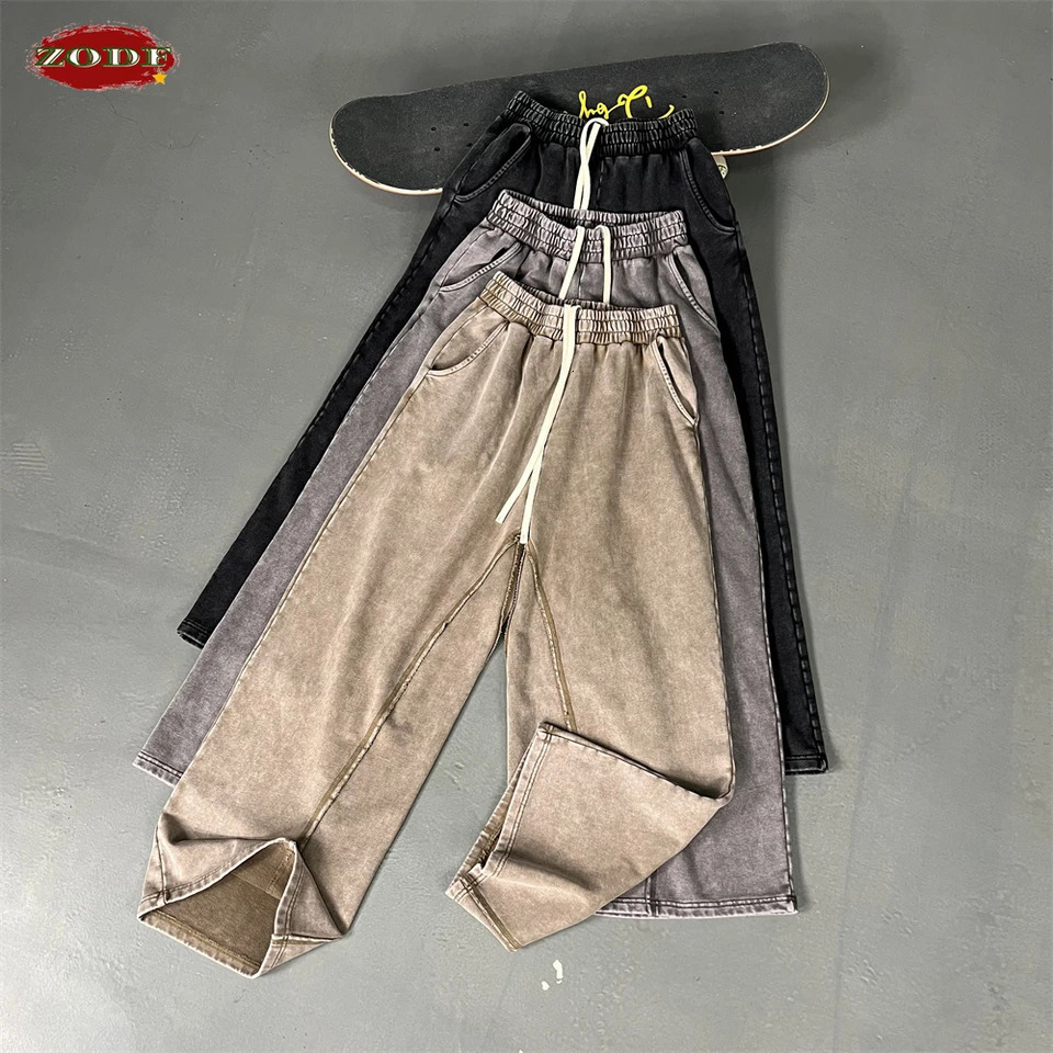 ZODF Retro Autumn Men 400gsm Washed Cotton Pants Unisex Distressed Loose Terry Sport Trousers Sweatpants HY1079 250616
