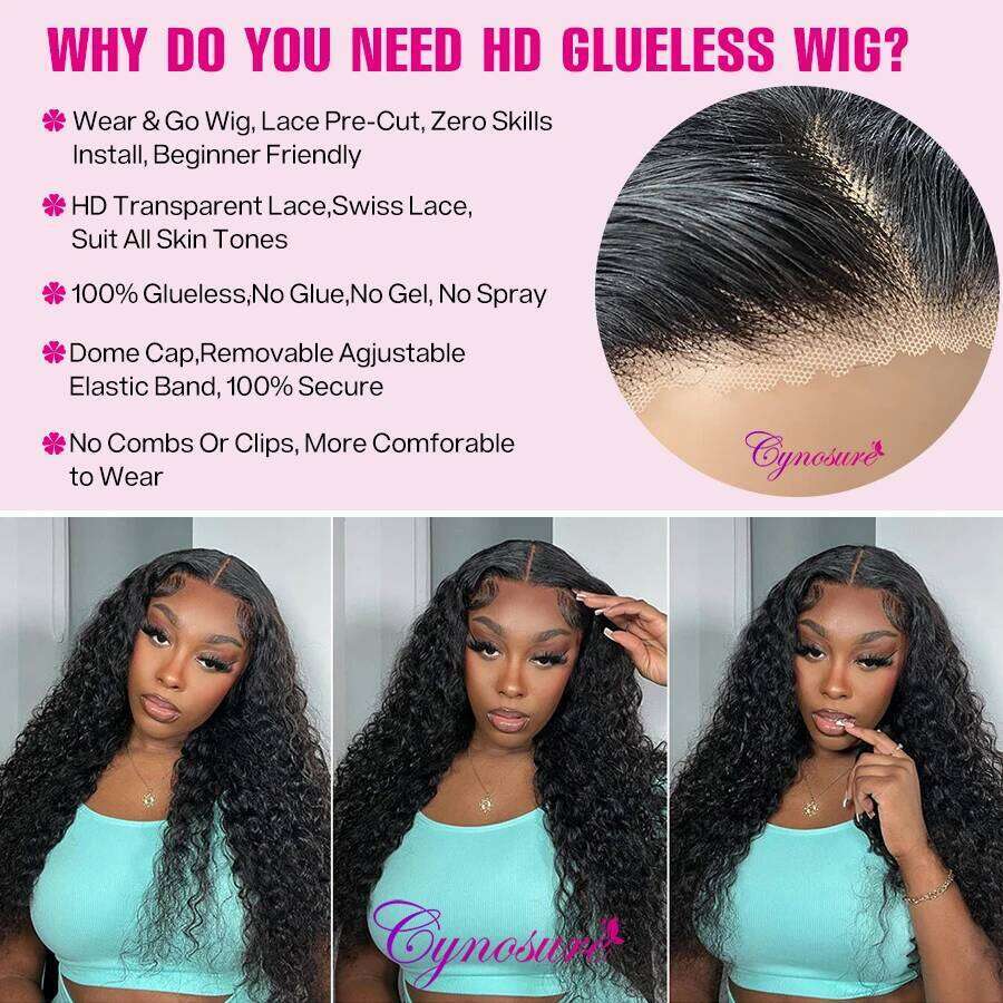 Cynosure HD Lace Frontal Cut Glueless Wig Ready to Wear Pre Plucked Brazilian Curly Human Hair Wigs