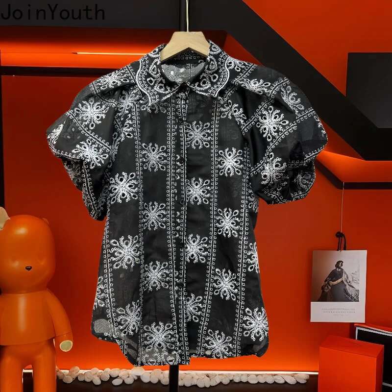 Summer Blouse 2025 Women Clothing Puff Sleeve Vintage Solid Color Shirts Camisas De Mujer Hollow Out Embroidery Blouses Tops