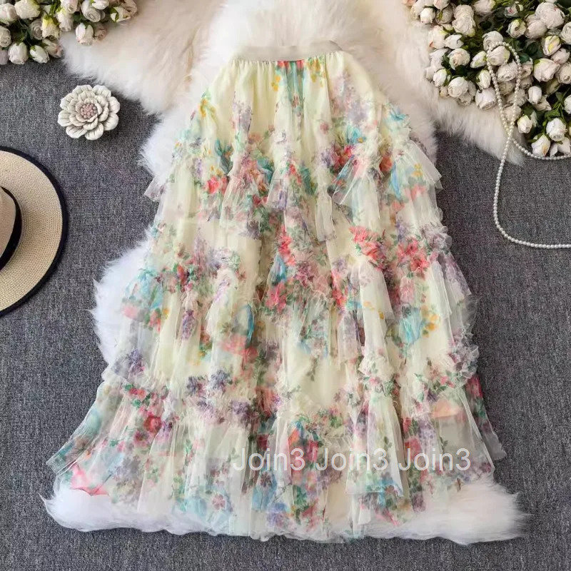 Women Skirt Gauze Floral A-line Korean Jupe 2025 Faldas Mujer De Moda Fashion Sweet Summer Saia High Waist Loose Womens Clothes