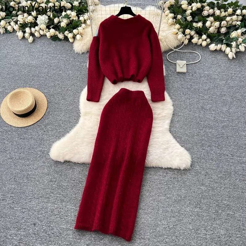 Korean Clothing Knitted Two Piece Sets for Women Patchwork Denim Cardigan Coat High Waist Bodycon Skirt Outfits Chic Casual Suit
