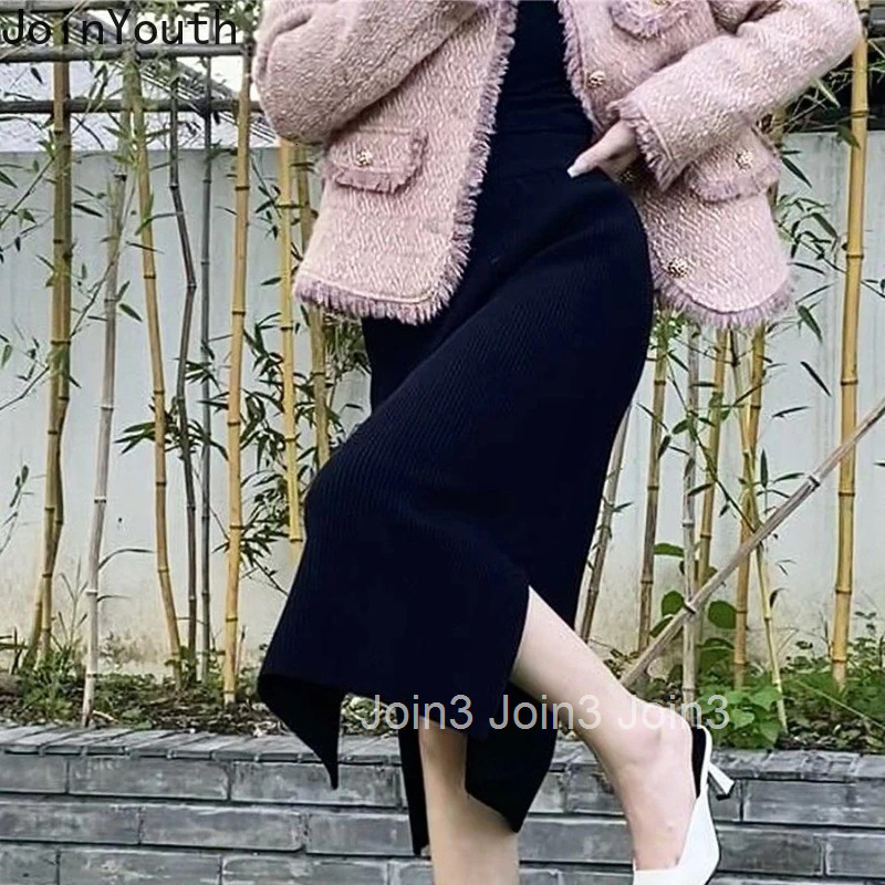 2025 Faldas Mujer De Moda Knitting Skirts for Women Oversized Jupe Vintage Tunic Saia Temperament Split Skirt Womens Clothes