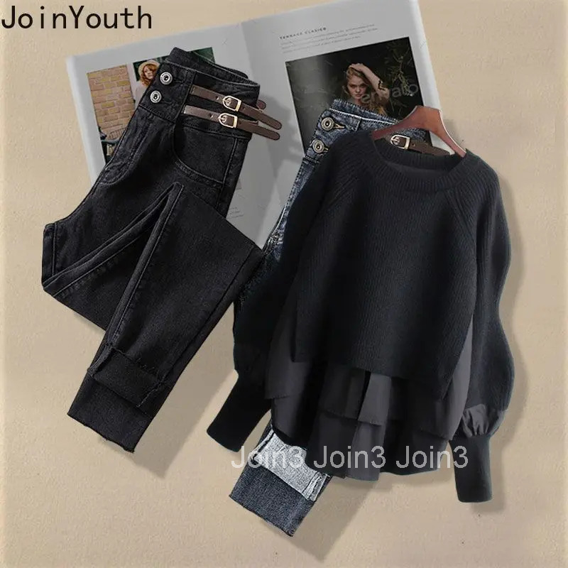 Fall Winter Clothes Fashion Two Piece Sets Women Patchwork Knit Pullovers Slim Fit Denim Pants Outfits Casual Korean Y2k Suit