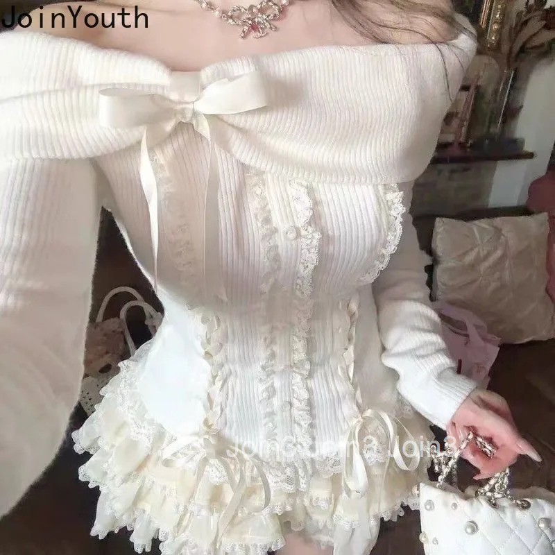 Two Piece Sets Womens Outfits Y2k Clothing Slash Neck Bandage Lace Bow Tops A-line Sweet Mini Skirt Suit Chic Cute Skirts Set