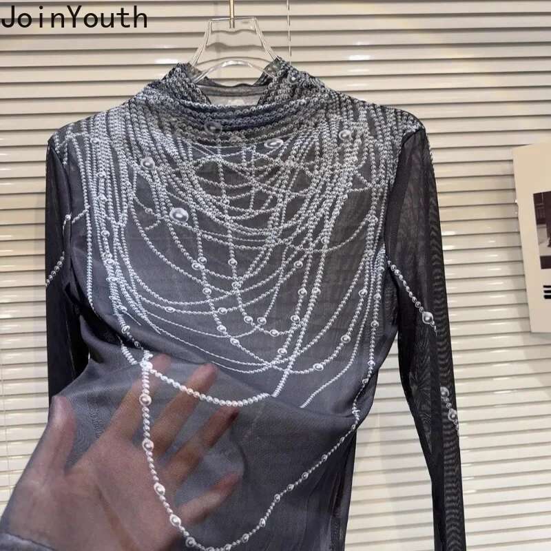 Sexy Tshirts Womens Clothing Turtleneck Long Sleeve Tunic Tees Chic Pearl Print Camisetas Y2k Tops See Through Gauze T-shirt