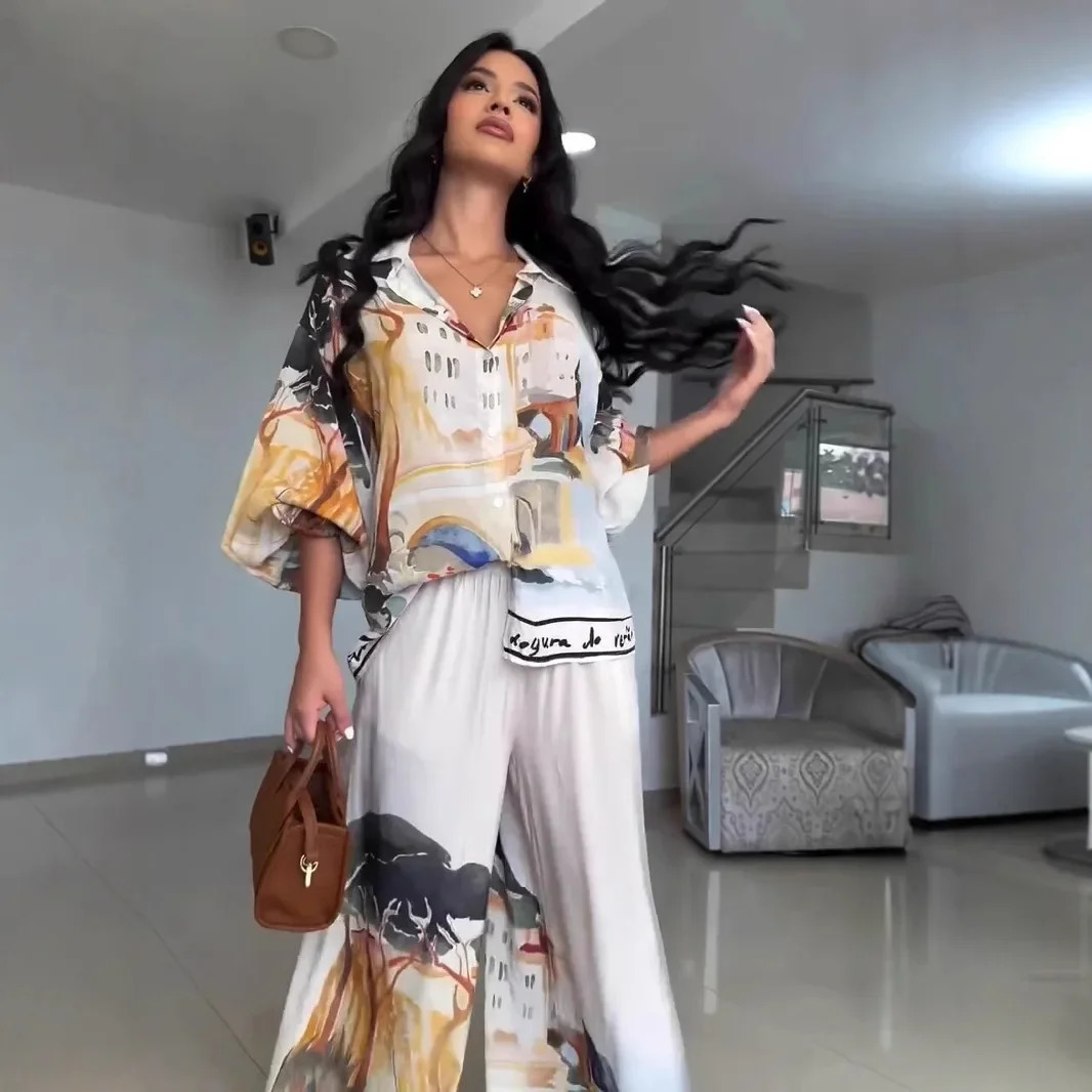 Fashionable Loose Lantern Sleeve Shirt Wide Leg Pants Two Piece Set Womens Clothing 2025 Printed Casual Outfit 250617