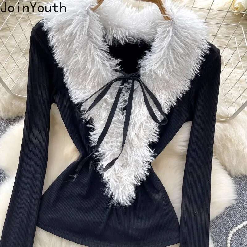 Furry V-neck Tshirts 2025 Women Clothing Tunic Long Sleeve Tees Bandage Solid Color Tees Y2k Tops Korean Fashion Sexy T-shirt