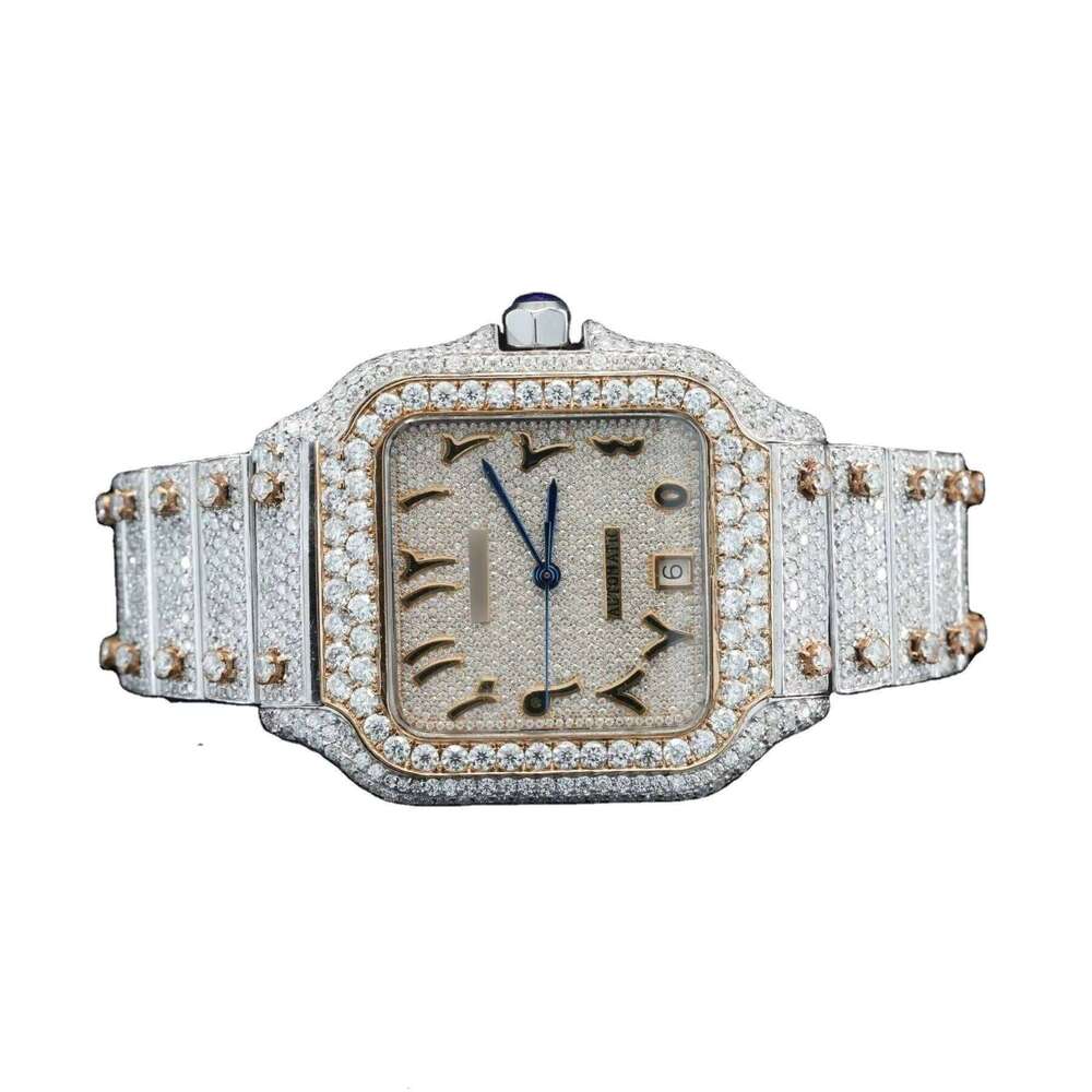 Luxury Iced Out Watch for Men, Automatic Wristwatch Showy Date Display, Stainless Steel Hip Hop Style with Full Diamond Arabic Dial