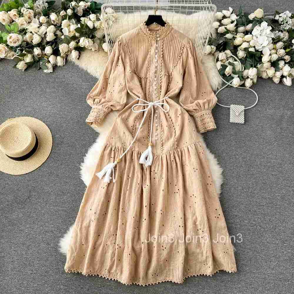2025 Vestidos De Mujer Tunic Stand Collar Lantern Sleeve Dresses Sweet Heavy Embroidery Crochet Hollow Out Vintage Dress Women