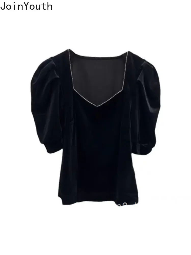 Blusas De Mujer 2025 Temperament Women Crop Tops Square Collar Puff Sleeve Velvet Shirts Diamond Black Tunic Summer Blouses