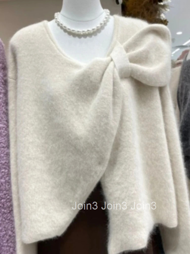 Korean Sweater Fall Winter Clothing Temperament Jumper Bow Thicked Sueter Mujer Vintage Warm Solid Color Pullovers Pull Femme