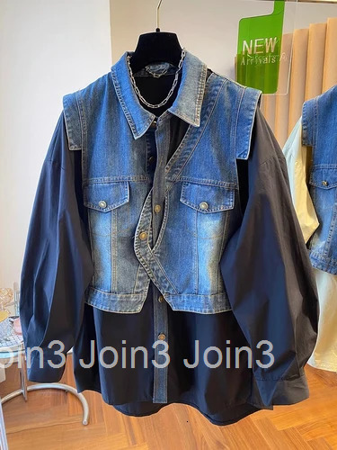 Fashion Blouse for Women Patchwork Denim Fake Two Shirts 2025 Blusas Mujer De Moda Casual Fashion Korean Oversized Y2k Tops
