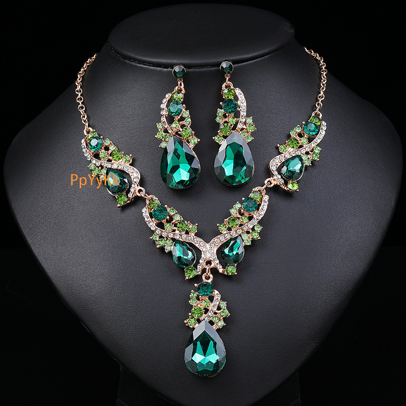 New Exaggerated Statement Necklace Earring Set Luxury Gemstones Natural Crystals with Cross Mirror Accents Perfect for Dresses