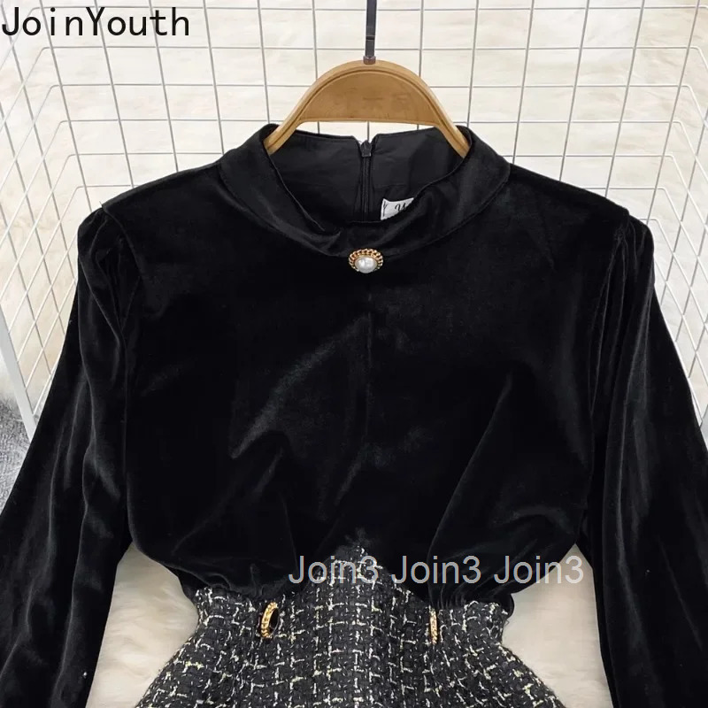 2025 Vestidos De Mujer Contrast Color Dresses for Women Stand Neck Temperament Robe Femme Slim Waist Double-breasted Tweed Dress