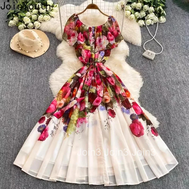 Summer Woman Dress Slash Neck Off Shoulder Chiffon Robe Femme High Waist Bandage Big Swing Floral Maxi Dress Vestidos De Mujer