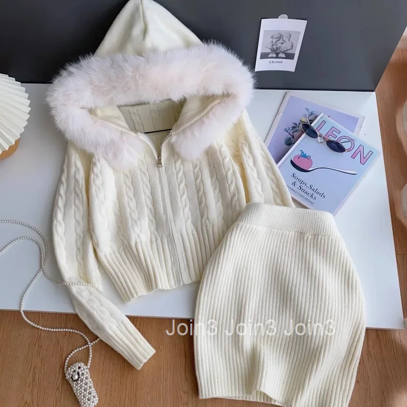Korean Two Piece Sets 2025 Women Clothing Hooded Ribbed Cropped Cardigan High Waist Mini Bodycon Skirt Outfits Chic Casual Suit