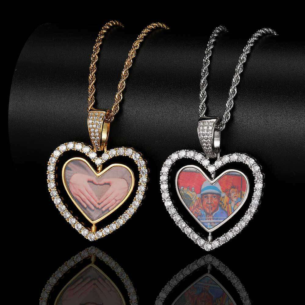 Hip Hop Rotatable Double-Sided Heart with Zircon Inlay Hollow Frame Necklace Photo Pendant 95a1