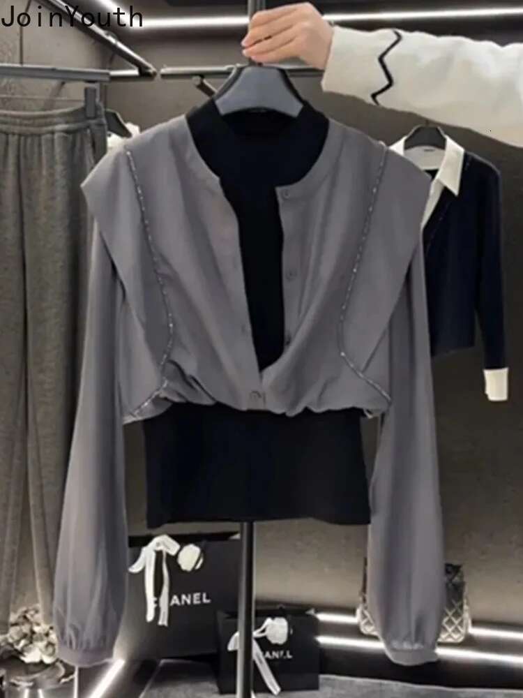 Fake Two Women Blouses 2025 Blusas Mujer De Moda Long Sleeve Fashion Contrast Color Shirts Korean Temperament Blouse Tops 63e842