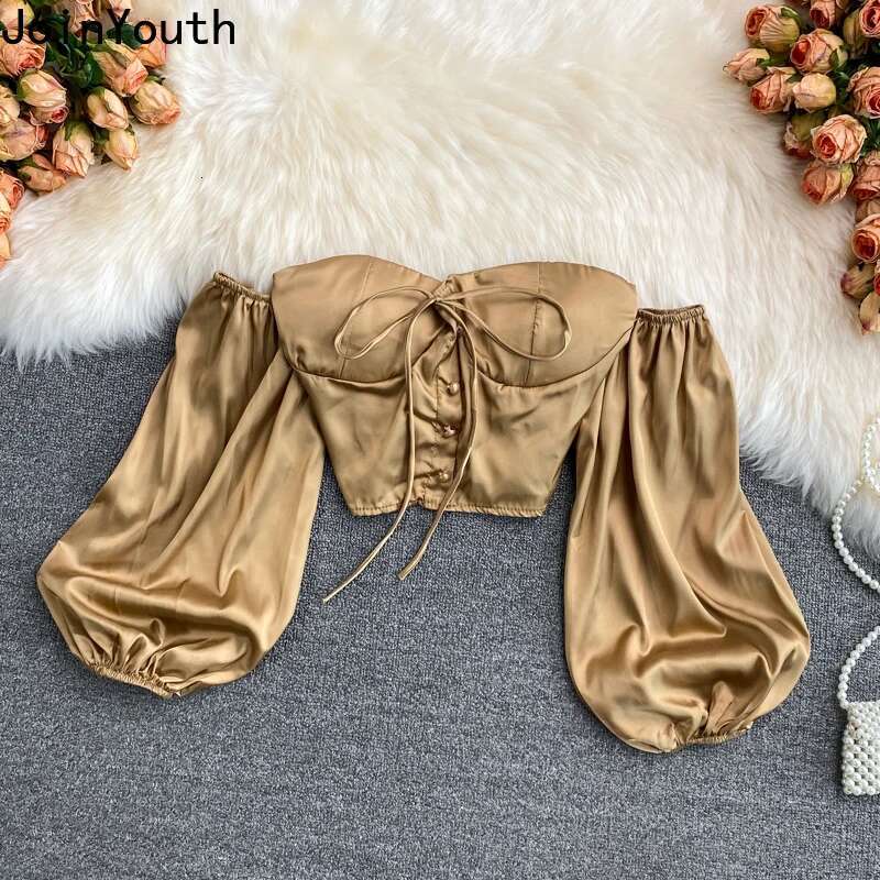 Sexy Crop Tops Blouses Women Long Sleeve Slash Neck Off Shoulder Shirts 2025 Blusas Mujer De Moda Fashion Folds Summer Blouse
