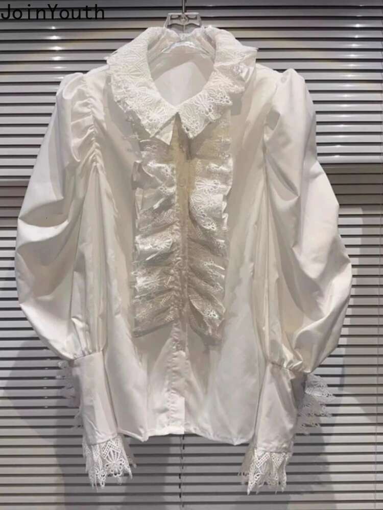 2025 Blusas Mujer De Moda Vintage Blouses Womens Clothing Puff Sleeve Patchwork Lace Shirts Loose Solid Color Temperament Tops