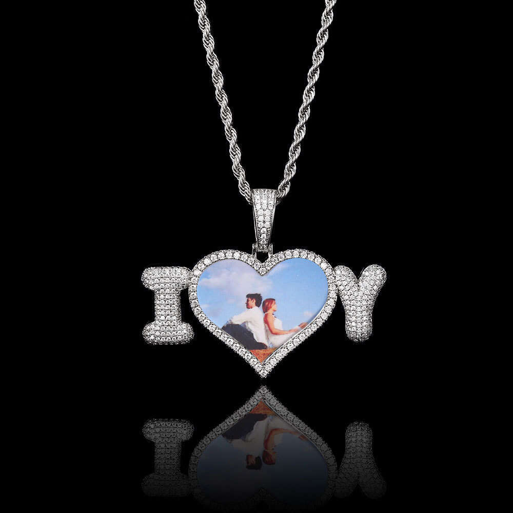 Hip Hop Personality DIY Bubble Letter Splicing Heart Pendant Micro Paved Zircon Photo Frame Men's Necklace 0211