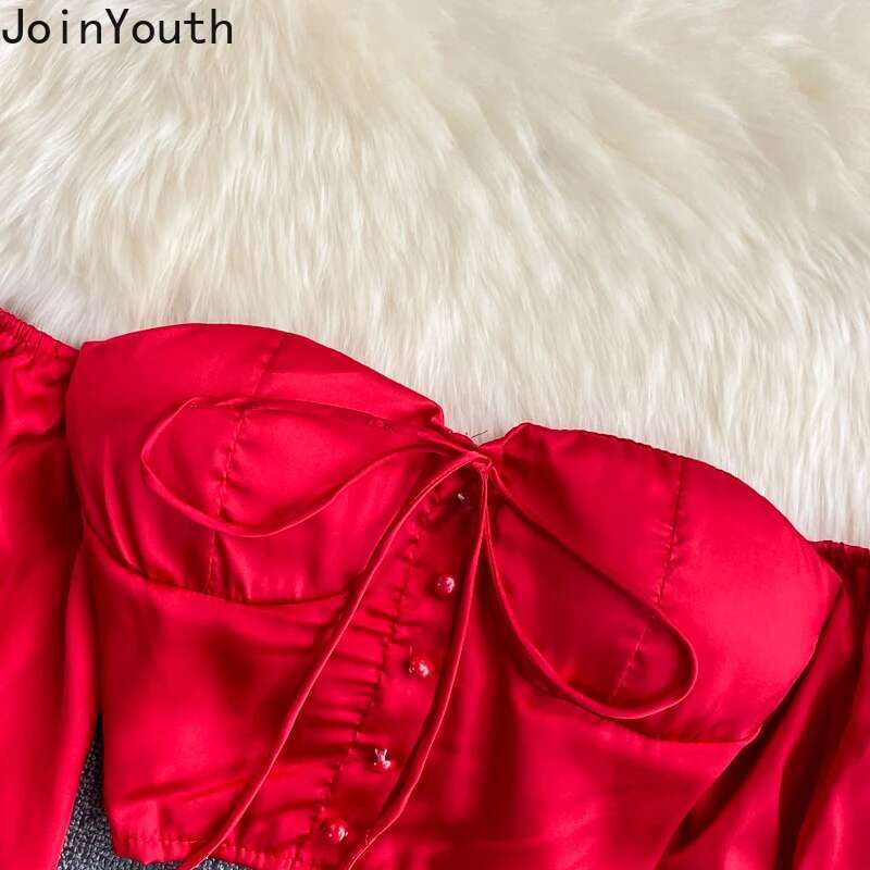Sexy Crop Tops Blouses Women Long Sleeve Slash Neck Off Shoulder Shirts 2025 Blusas Mujer De Moda Fashion Folds Summer Blouse