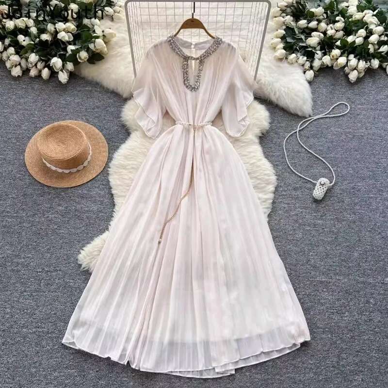 Elegant Robe Femme Women Temperament Maxi Dress 2025 Vestidos De Mujer Heavy Diamond Hollow Out Vintage Summer Pleated Dresses