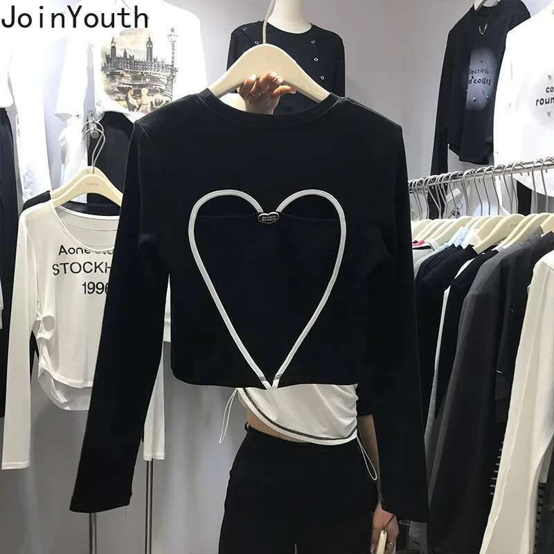 Crop Tops Fashion Sweet Woman Tshirts Long Sleeve O-neck Casual White T Shirt Summer Tees Sexy Hollow Out Backless Y2k T-shirt