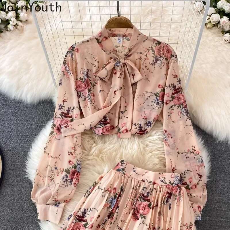 Skirt Outfits Women Clothing 2 Piece Sets Bandage Bow Long Sleeve Shirt High Waist Pleated Skirt Suit Fashion Floral Chiffon Set