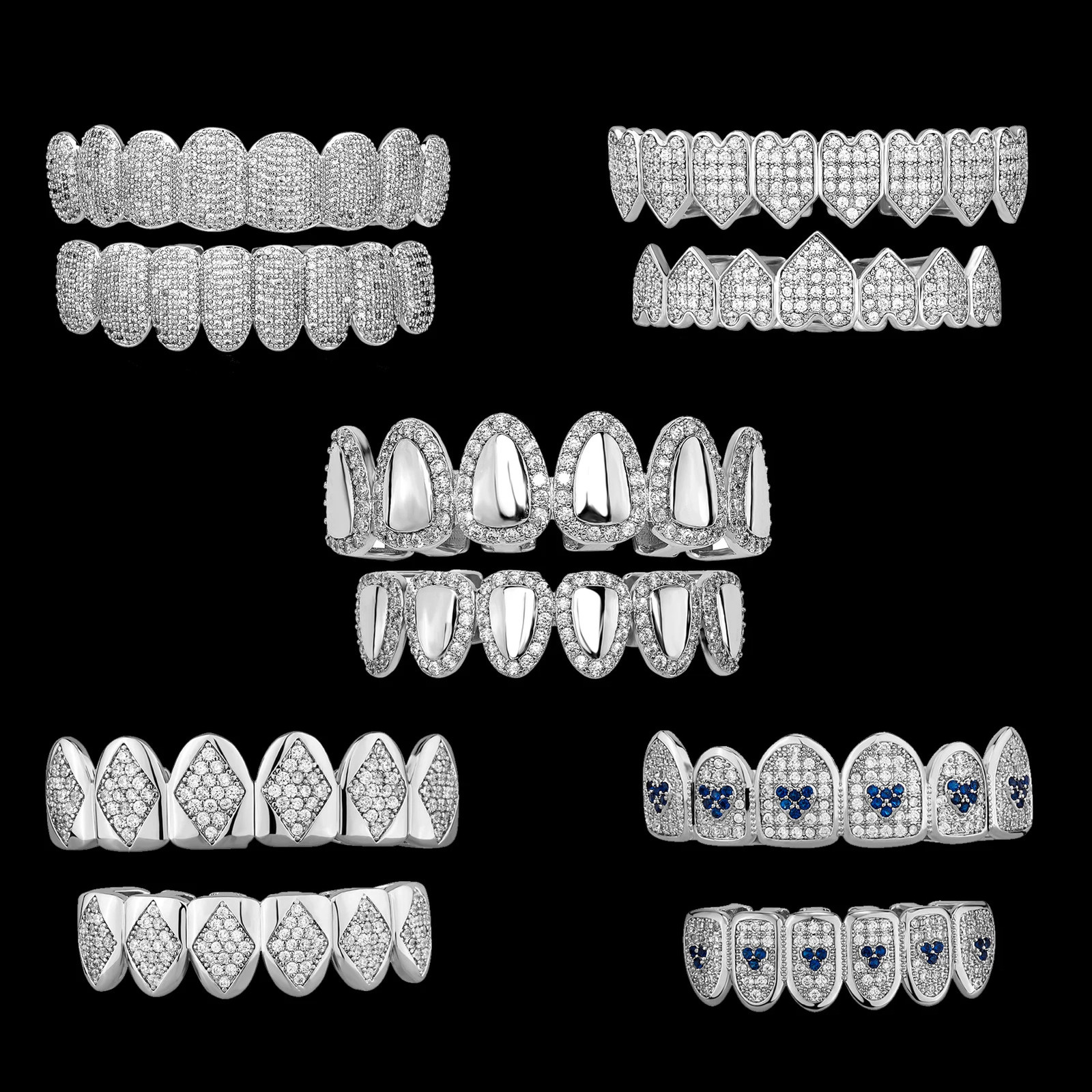 GUCY Hip Hop Teeth Set For Unisex Top Bottom Mouth Grills Shiny CZ Fashion Jewelry Gift 250613
