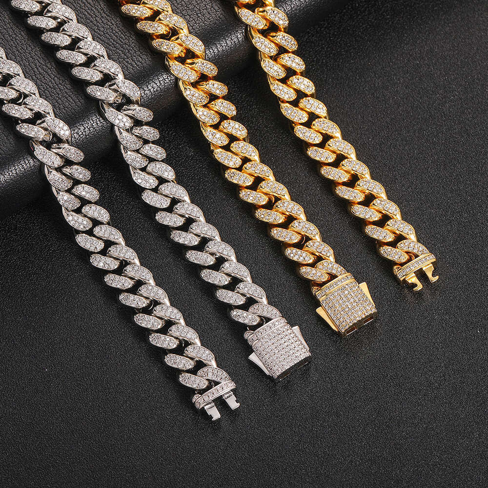Hip Hop Zircon 12mm Spring Clasp Double Row Full Dia Cuban Chain Trendy Men's Necklace Jewelry 46a0