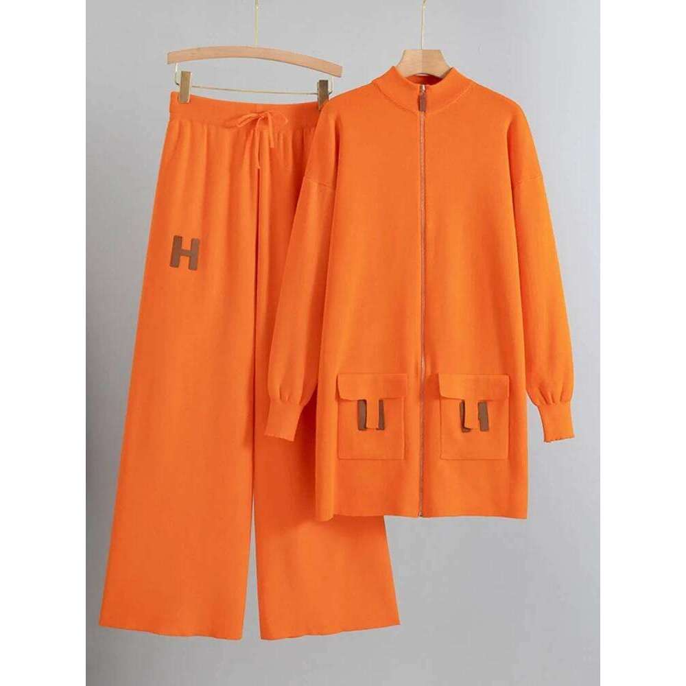 Designer Leisure High Quality European and American style suit zipper loose knit sweater long top+drawstring wide leg pants casual temperament 2piece 