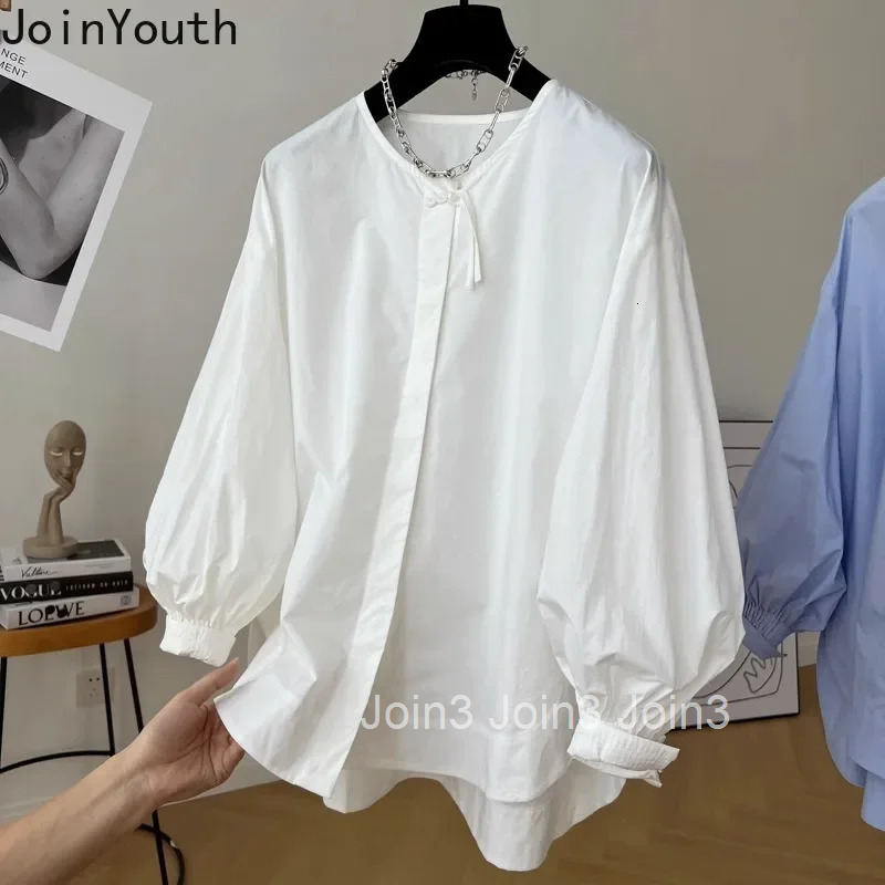 Vintage Women Shirts O-neck Lantern Sleeve Blouses Chinese Style Cotton Tops Loose White Blouse 2025 Blusas Mujer De Moda 63c523
