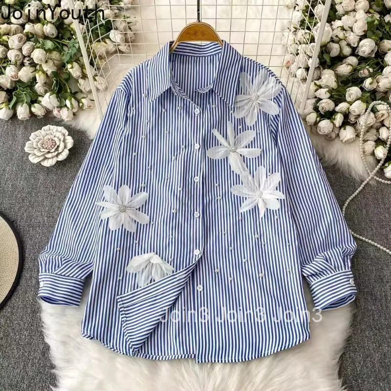 2025 Blusas Mujer De Moda Fashion Striped Blouses Womens Clothing Chic Beading Long Sleeve 3D Floral Loose Summer Shirt Tops