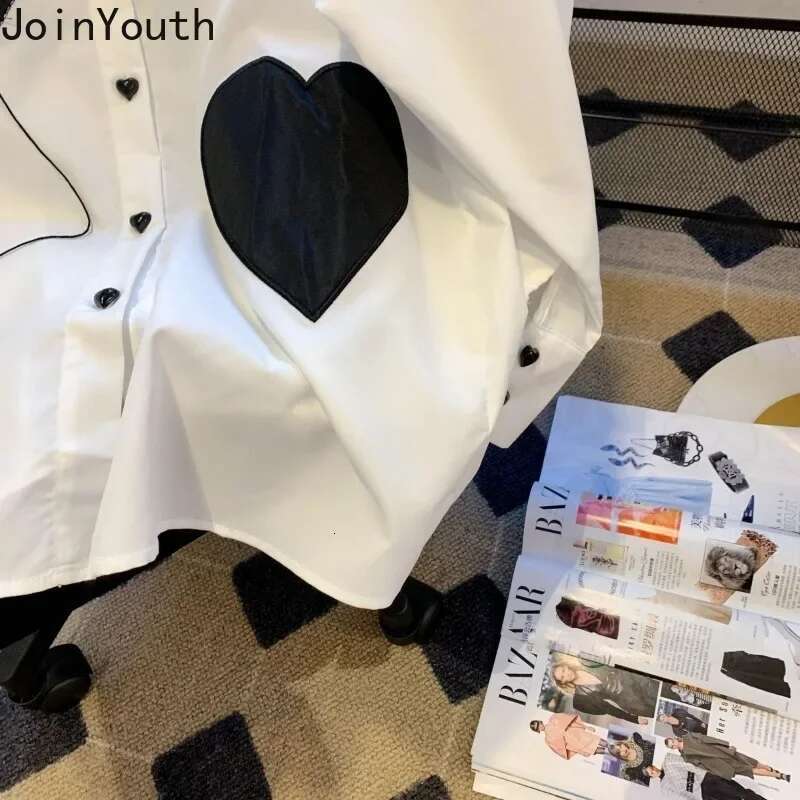 White Long Sleeve Blouse for Women Love Print Oversized Shirts Turndown Collar Fashion Blouses Tops 2025 Blusas Mujer De Moda