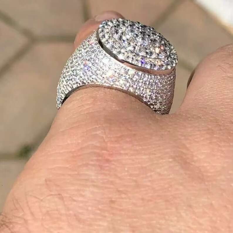 Mens Iced Out Moissanite Round Hip Hop Rapper Pinky Ring Solid 925 Sterling Silver Sizes 7 to 11 PASSES DIAMOND TESTER
