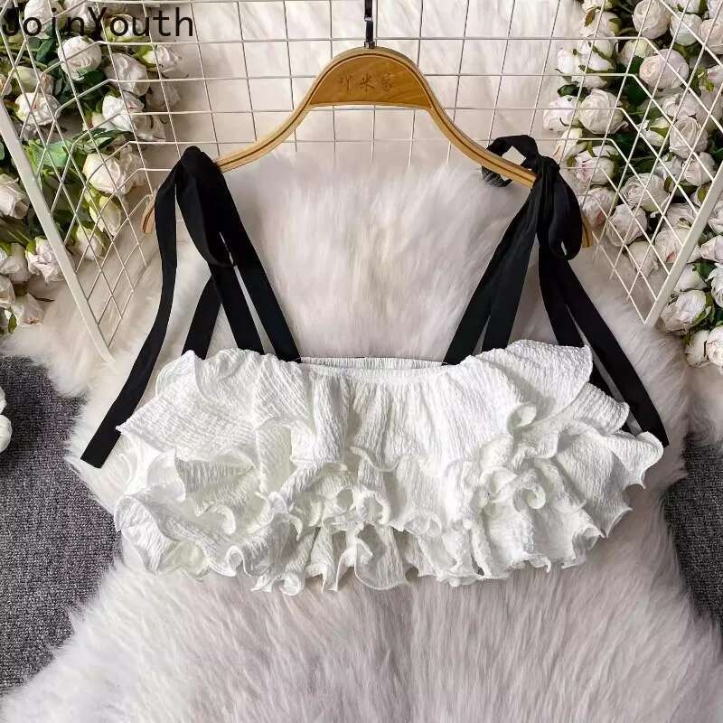 Women Clothes Sweet Vest Crop Tops Bandage Bow Ruffles Tees Fashion Sweet Tees Korean Sexy Camis Backless Folds Summer Y2k Tanks