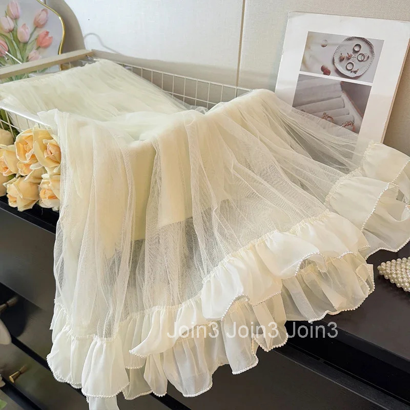 2025 Faldas Mujer De Moda Sweet Skirts Womens Clothing High Waist A-line Jupe Fashion Korean Saia Gauze Ruffles Pleated Skirt