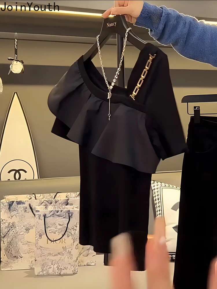 Temperament Tshirts 2025 Womens Clothes Fashion Korean Tees Summer Camisetas Y2k Tops Off Shoulder Ruffles Irregular T-shirts