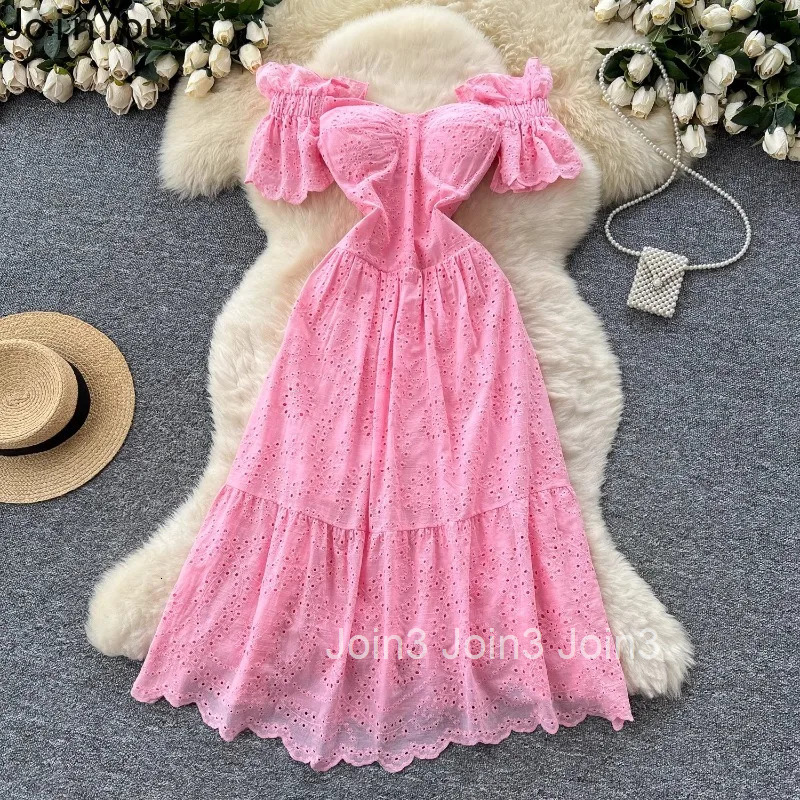 Women Clothing Summer Dresses Slash Neck Slim Waist A-line Robe Femme Temperament Robe Femme Hollow Out Embroidery Sweet Dress